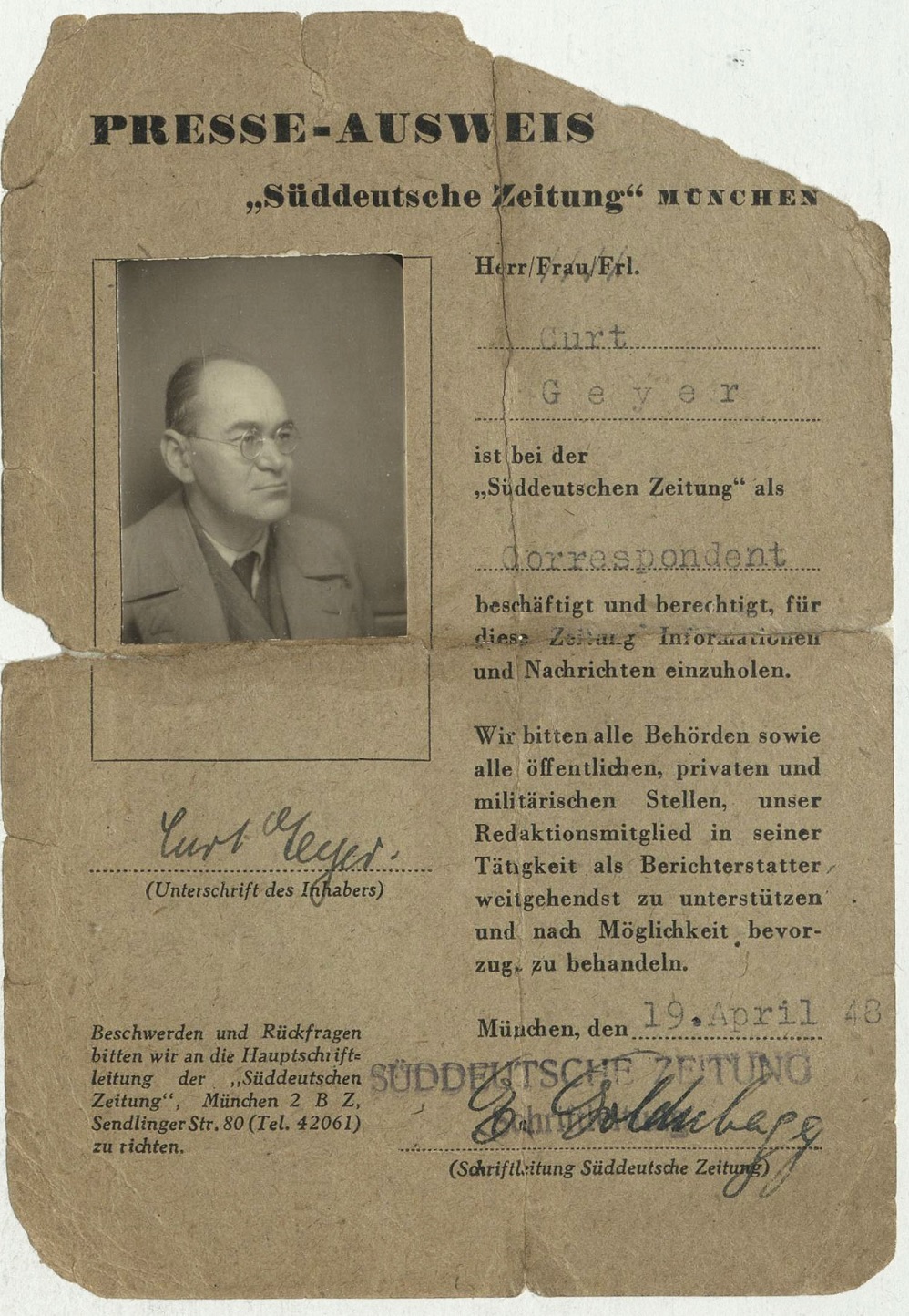  Curt Geyer, Presseausweis der „Süddeutschen Zeitung“, 19.4.1948, Vorderseite, Quelle: Deutsche Nationalbibliothek, Deutsches Exilarchiv 1933–1945, Frankfurt am Main, Fotograf(in): unbekannt.