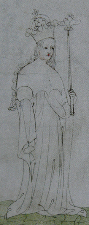  Margarete von Brabant, Zeichnung, Königsaaler Chronik, 1393, Archiv von Jihlava (Iglau), Inv.-Nr. Rkp. 1 1649, veröffentlicht auf Wikimedia Commons.