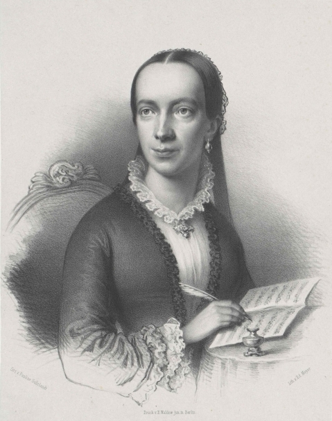  Emilie Mayer, Lithografie von v. Eduard Meyer nach einer Zeichnung von Pauline Suhrlandt (1833–1902), undatiert, veröffentlicht auf Wikimedia Commons.